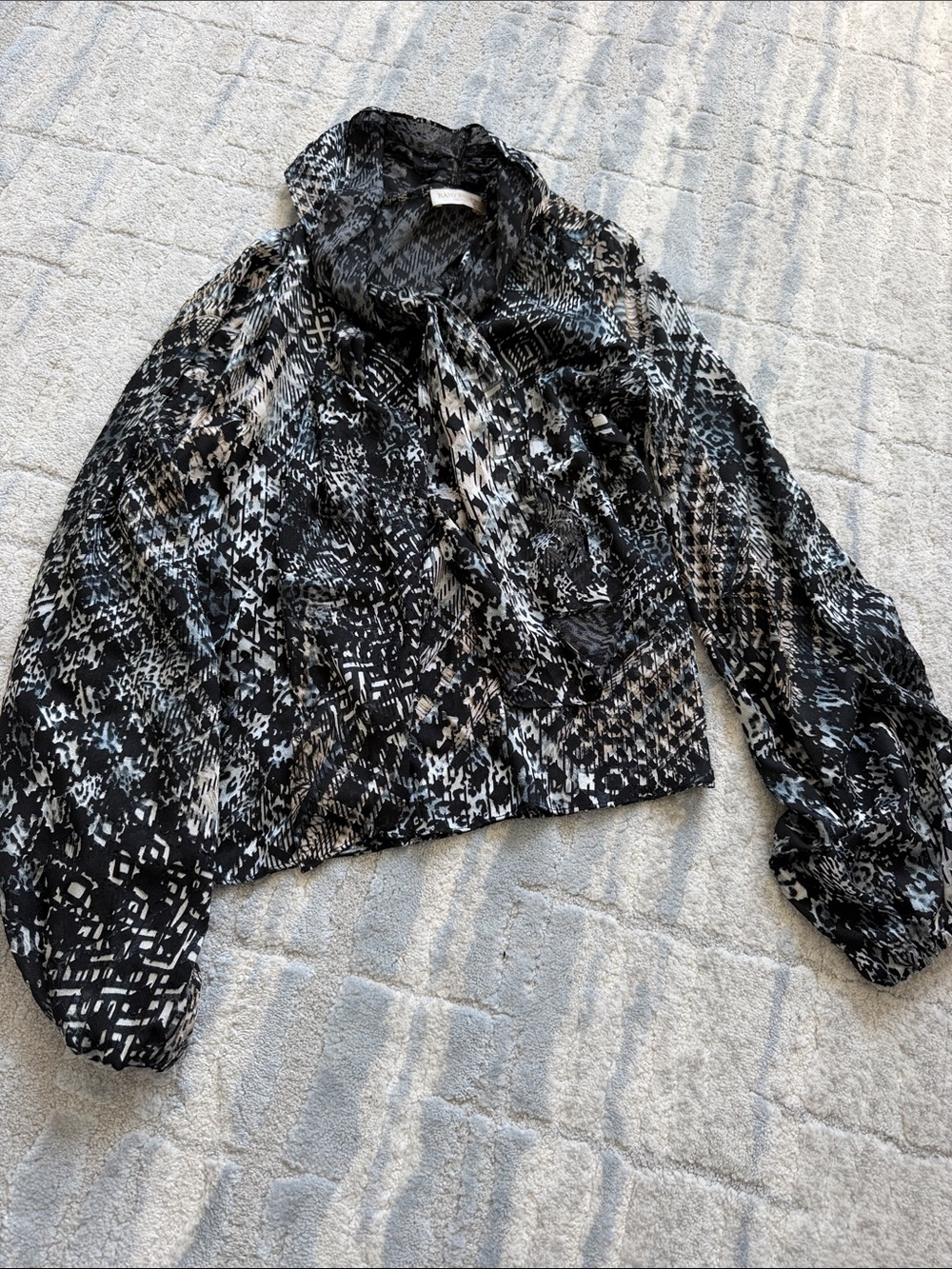 Ramy Brook Black and White Printed Silk Blouse with Tie Neck